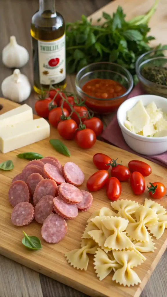 Ingredients for Bow Ties with Sausage, Tomatoes, and Cream, including pasta, sausage, tomatoes, and cream.