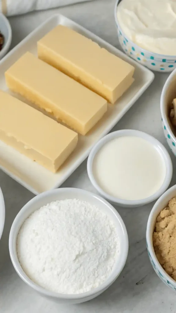 Ingredients for Chocolate Chip Cookie Dough Cheesecake Bars