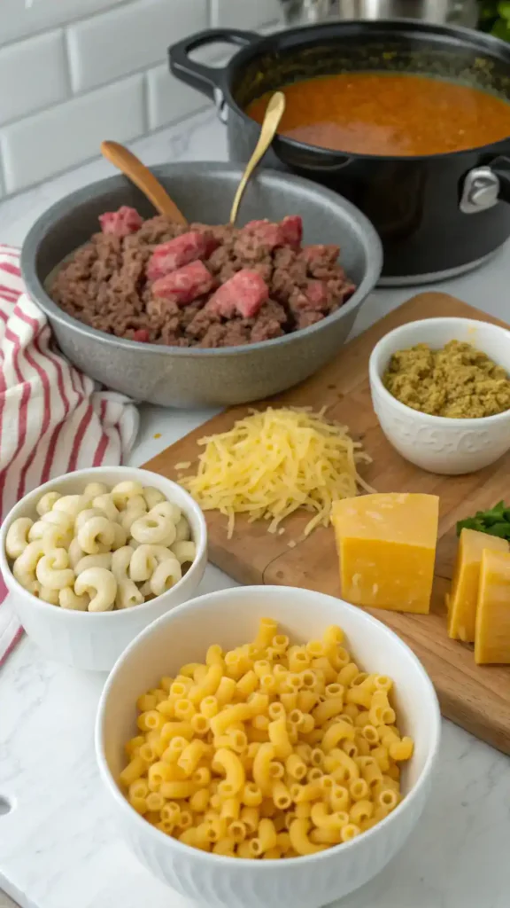 Ingredients for Creamy One-Pot Cheeseburger Macaroni Soup