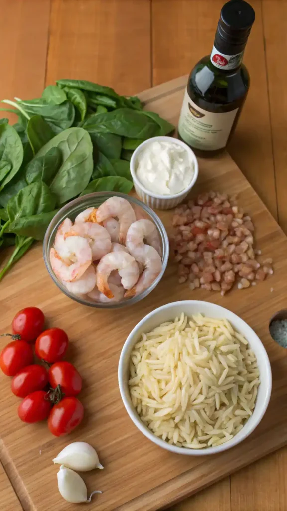 Ingredients for Creamy Tuscan Shrimp and Orzo displayed on a wooden countertop.