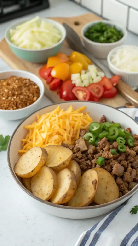 Ingredients for Loaded Cheesy Taco Potato Skillet laid out on a wooden table.