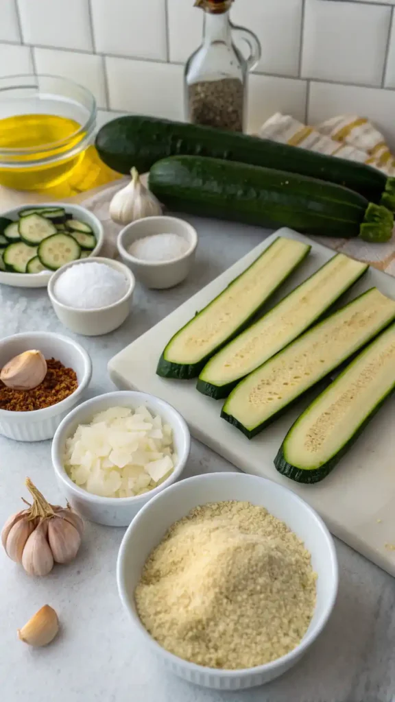 Ingredients for Parmesan Garlic Zucchini Fries including zucchini, Parmesan cheese, garlic powder, and breadcrumbs.