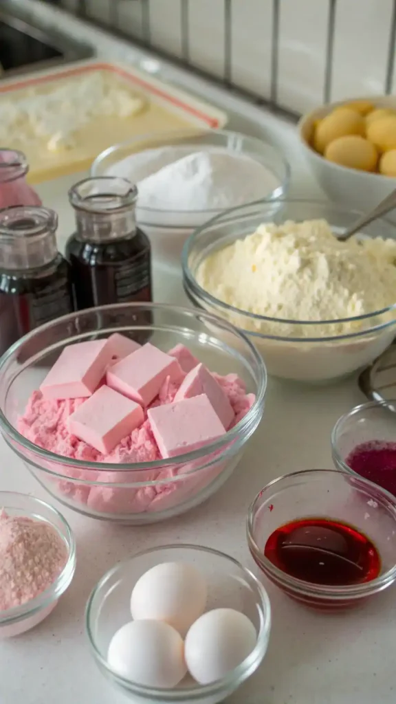 Ingredients for Pink Vanilla Cake Squares including flour, sugar, and pink food coloring.