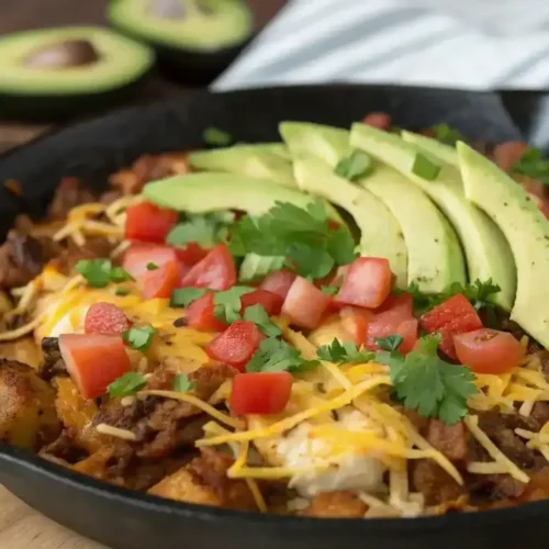 A delicious Loaded Cheesy Taco Potato Skillet served in a skillet, topped with cilantro and avocado.