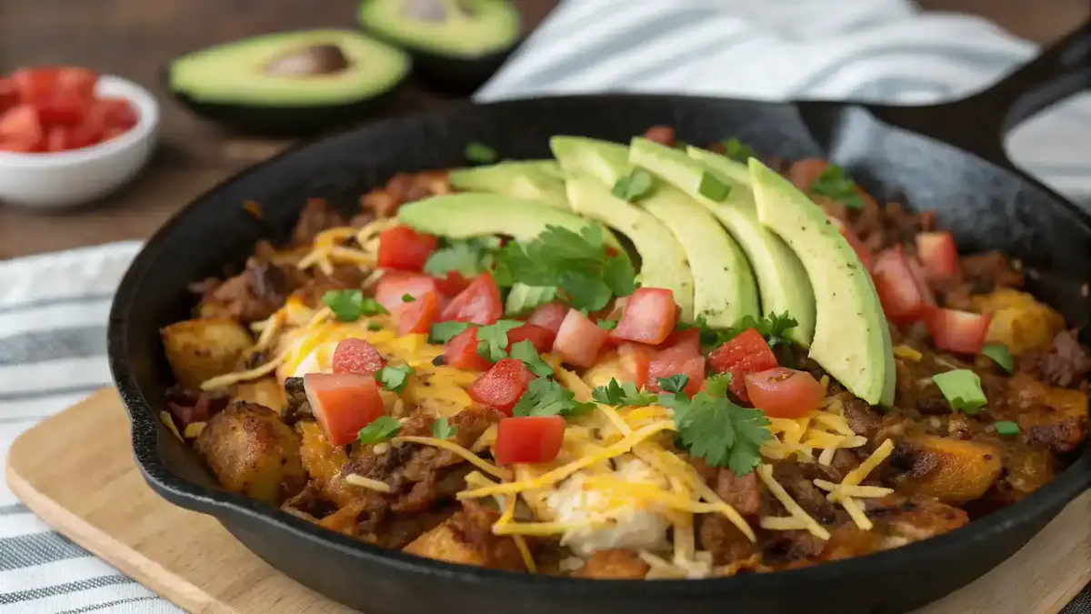 A delicious Loaded Cheesy Taco Potato Skillet served in a skillet, topped with cilantro and avocado.