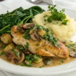 Plated Smothered Chicken with Spinach, Potatoes, and Mushrooms