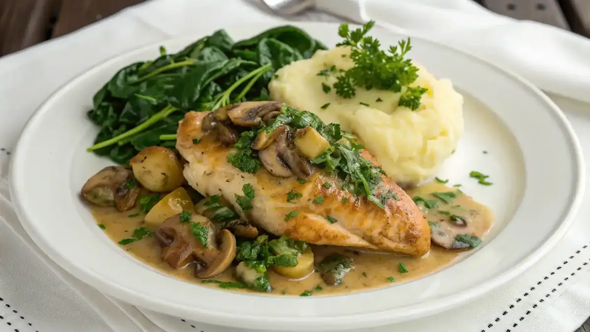 Plated Smothered Chicken with Spinach, Potatoes, and Mushrooms