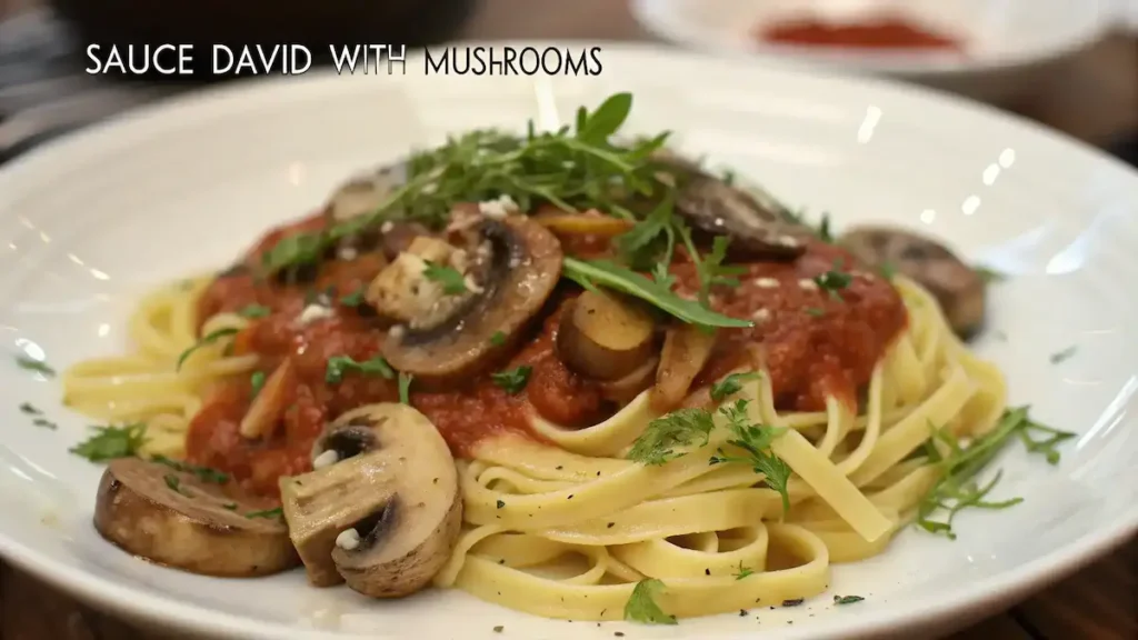 Finished Sauce David With Mushrooms on pasta