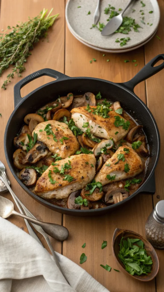 Tender Chicken with Mushrooms in a skillet